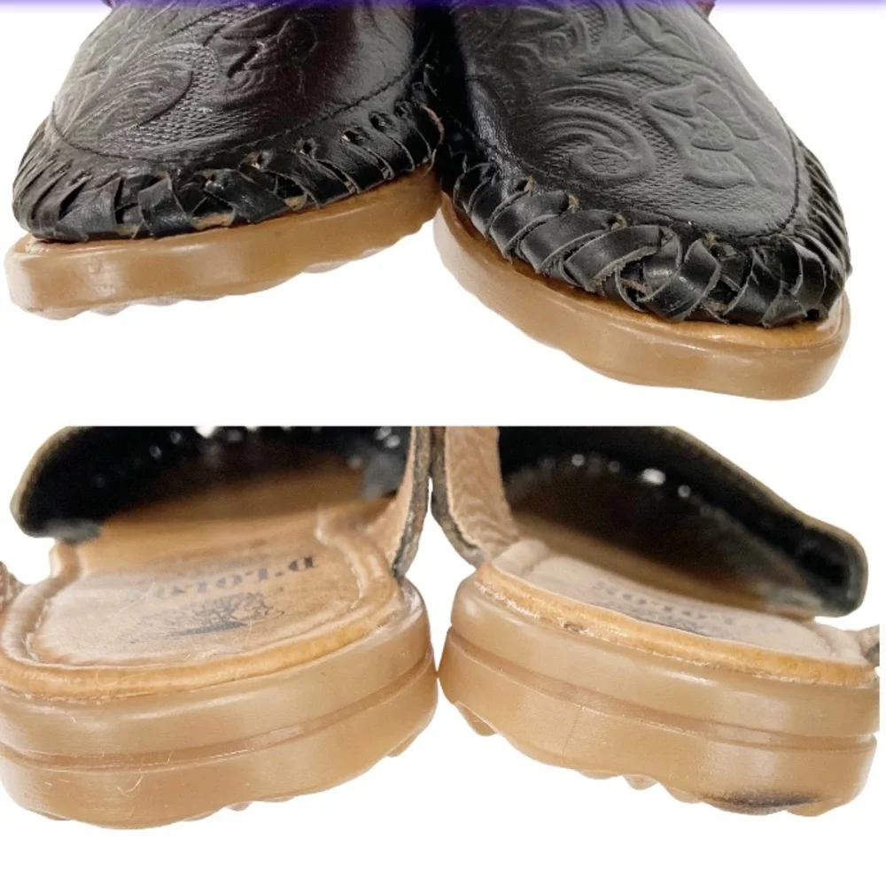 D’Lolos Mexican Black Tooled Leather Huarache Sandals Size 9 - Picture 5 of 12
